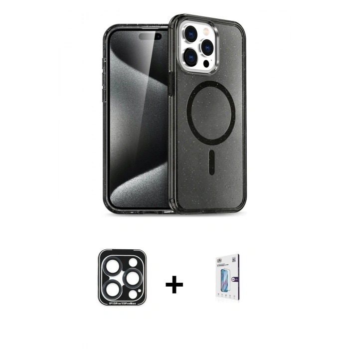 MARSİLYAN™- iPhone 15 Pro Max Kılıf Nova Asil Prime - Siyah Bilvis 0.18mm Plus Cam Ekran Koruyucu + PVD Metal Kamera Lens - LT
