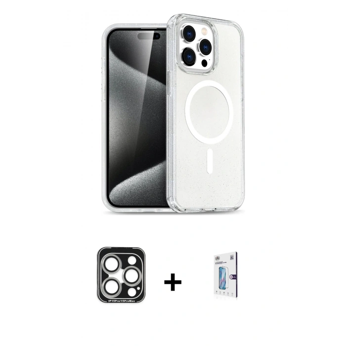 MARSİLYAN™- iPhone 15 Pro Max Kılıf Nova Asil Prime - Siyah Bilvis 0.18mm Plus Cam Ekran Koruyucu + PVD Metal Kamera Lens - GS