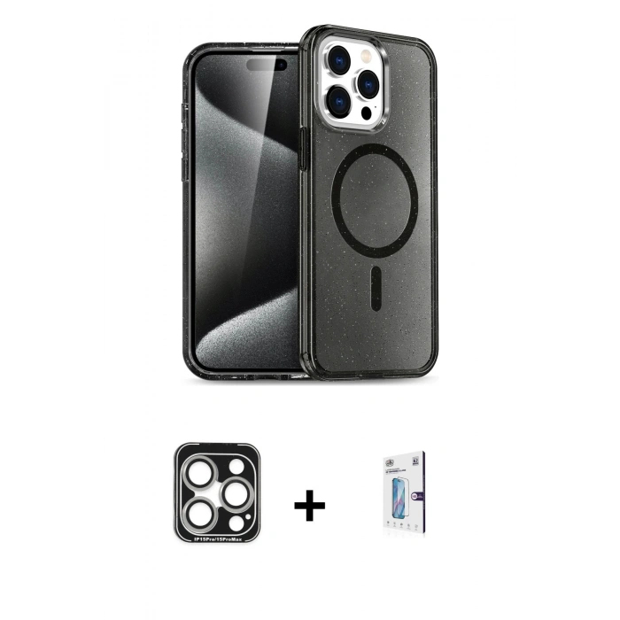 MARSİLYAN™- iPhone 15 Pro Max Kılıf Nova Asil Prime - Siyah Bilvis 0.18mm Plus Cam Ekran Koruyucu + PVD Metal Kamera Lens - GS