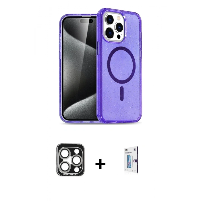 MARSİLYAN™- iPhone 15 Pro Max Kılıf Nova Asil Prime - Siyah Bilvis 0.18mm Plus Cam Ekran Koruyucu + PVD Metal Kamera Lens - GS