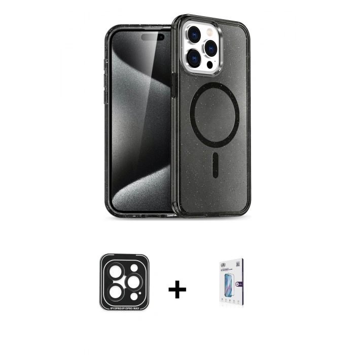 MARSİLYAN™- iPhone 15 Pro Max Kılıf Nova Asil Prime - Siyah Bilvis 0.18mm Plus Cam Ekran Koruyucu + PVD Metal Kamera Lens - SH