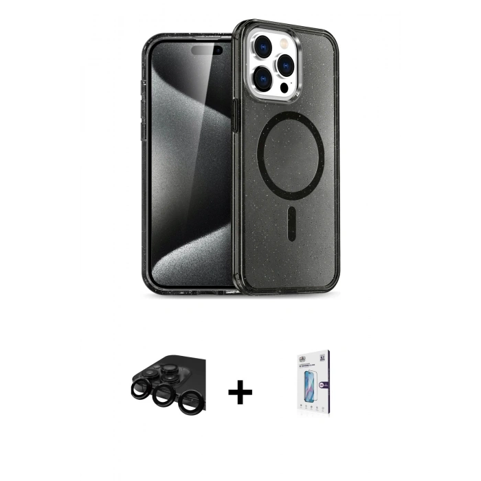 MARSİLYAN™- iPhone 15 Pro Max Kılıf Nova Asil Prime - Siyah Bilvis 0.18mm Plus Cam Ekran Koruyucu + Raze Metal Kamera Lens - SH