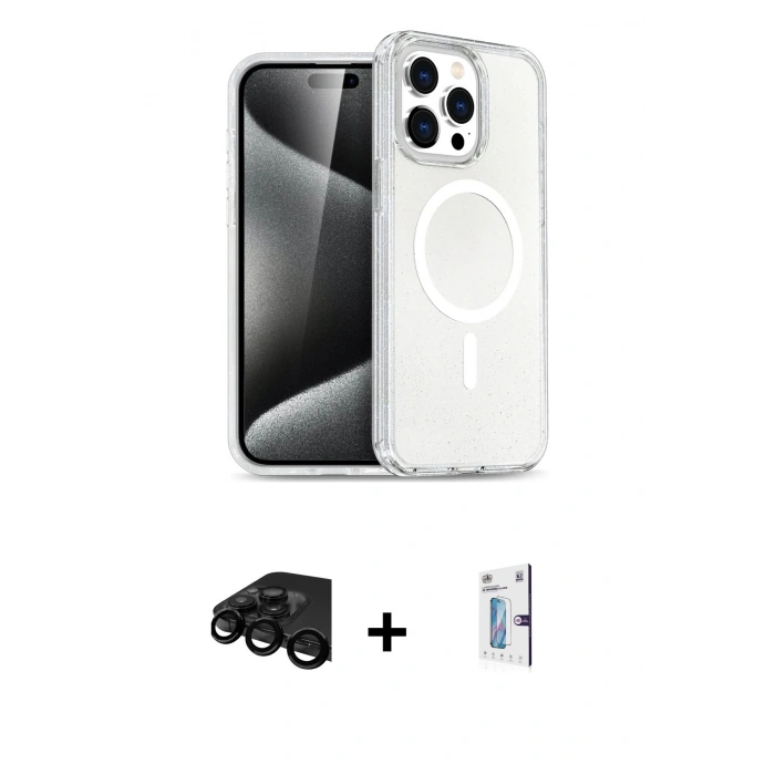 MARSİLYAN™- iPhone 15 Pro Max Kılıf Nova Asil Prime - Siyah Bilvis 0.18mm Plus Cam Ekran Koruyucu + Raze Metal Kamera Lens - SH
