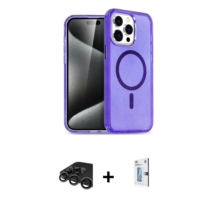 MARSİLYAN™- iPhone 15 Pro Max Kılıf Nova Asil Prime - Siyah Bilvis 0.18mm Plus Cam Ekran Koruyucu + Raze Metal Kamera Lens - TMGI