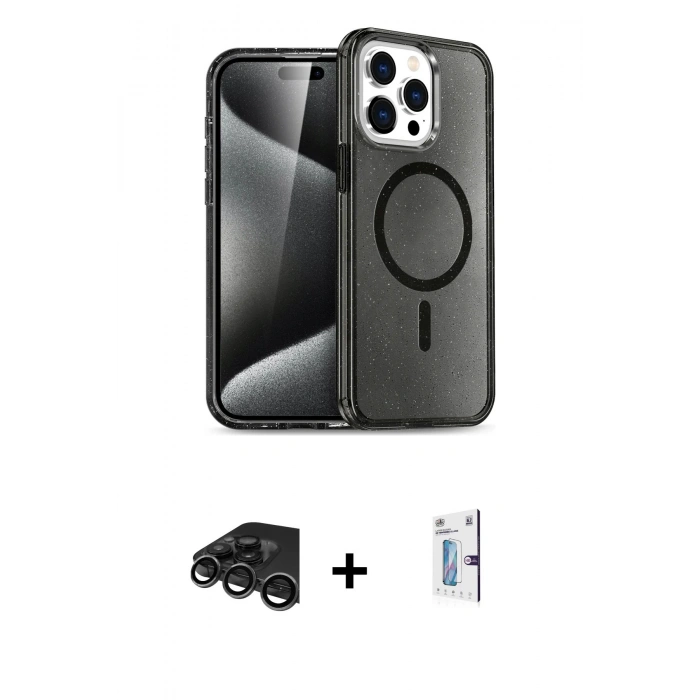 MARSİLYAN™- iPhone 15 Pro Max Kılıf Nova Asil Prime - Siyah Bilvis 0.18mm Plus Cam Ekran Koruyucu + Raze Metal Kamera Lens - TMGI