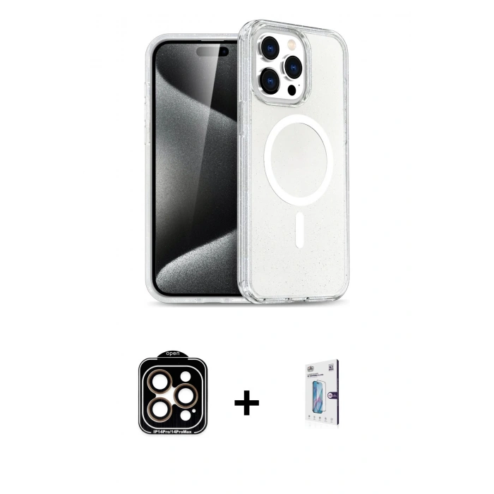 MARSİLYAN™- iPhone 15 Pro Max Kılıf Nova Asil Prime - Siyah Bilvis 0.18mm Plus Cam Ekran Koruyucu + Turuncu PVD Metal Kamera Lens