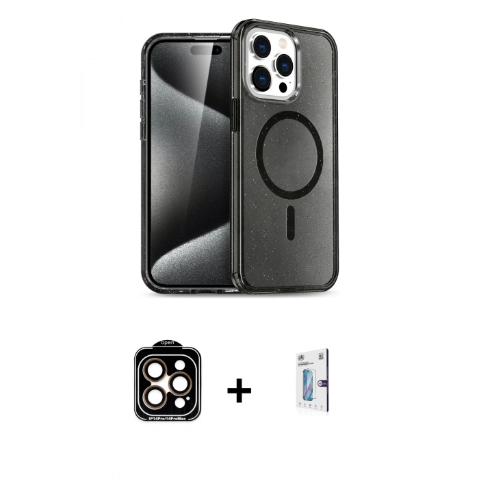 MARSİLYAN™- iPhone 15 Pro Max Kılıf Nova Asil Prime - Siyah Bilvis 0.18mm Plus Cam Ekran Koruyucu + Turuncu PVD Metal Kamera Lens