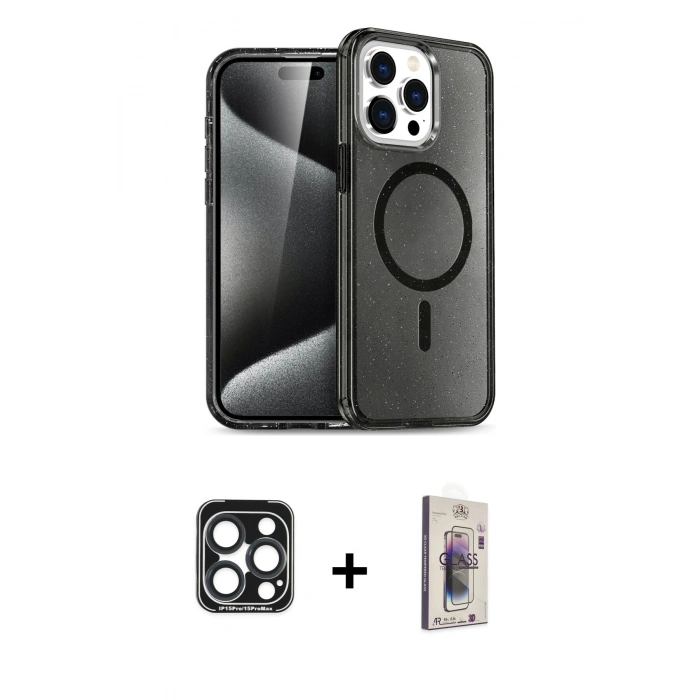 MARSİLYAN™- iPhone 15 Pro Max Kılıf Nova Asil Prime - Siyah Bilvis 3D Cam Ekran Koruyucu + PVD Metal Kamera Lens - LT