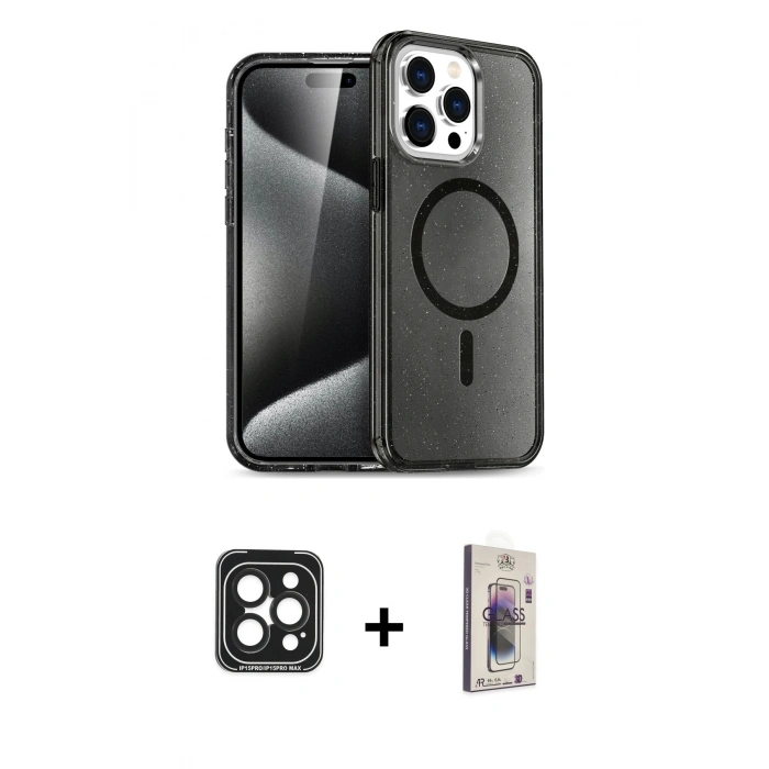 MARSİLYAN™- iPhone 15 Pro Max Kılıf Nova Asil Prime - Siyah Bilvis 3D Cam Ekran Koruyucu + PVD Metal Kamera Lens - SH