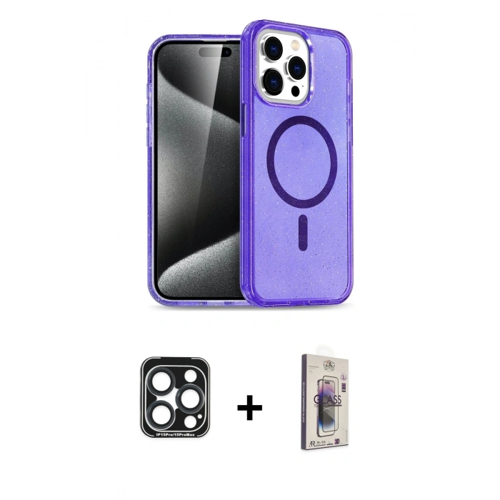 MARSİLYAN™- iPhone 15 Pro Max Kılıf Nova Asil Prime - Siyah Bilvis 3D Cam Ekran Koruyucu + PVD Metal Kamera Lens - LT