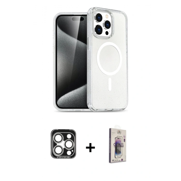 MARSİLYAN™- iPhone 15 Pro Max Kılıf Nova Asil Prime - Siyah Bilvis 3D Cam Ekran Koruyucu + PVD Metal Kamera Lens - GS