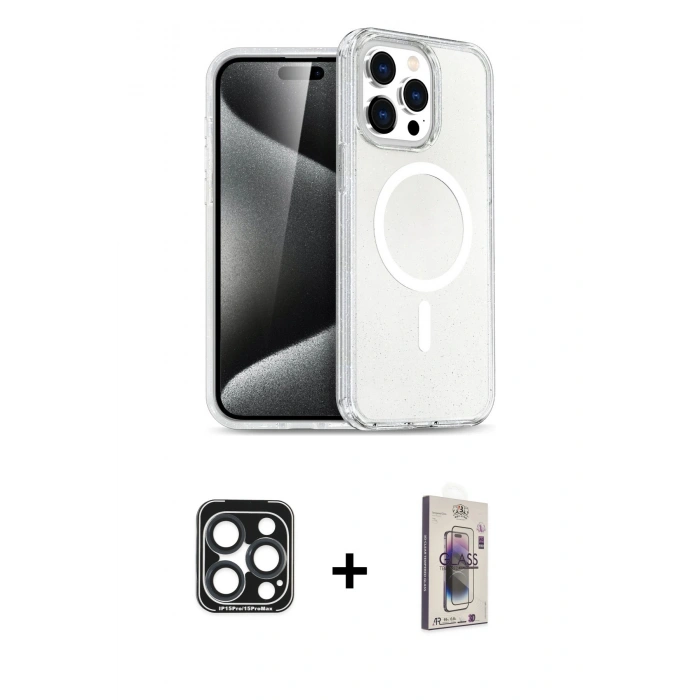 MARSİLYAN™- iPhone 15 Pro Max Kılıf Nova Asil Prime - Siyah Bilvis 3D Cam Ekran Koruyucu + PVD Metal Kamera Lens - LT