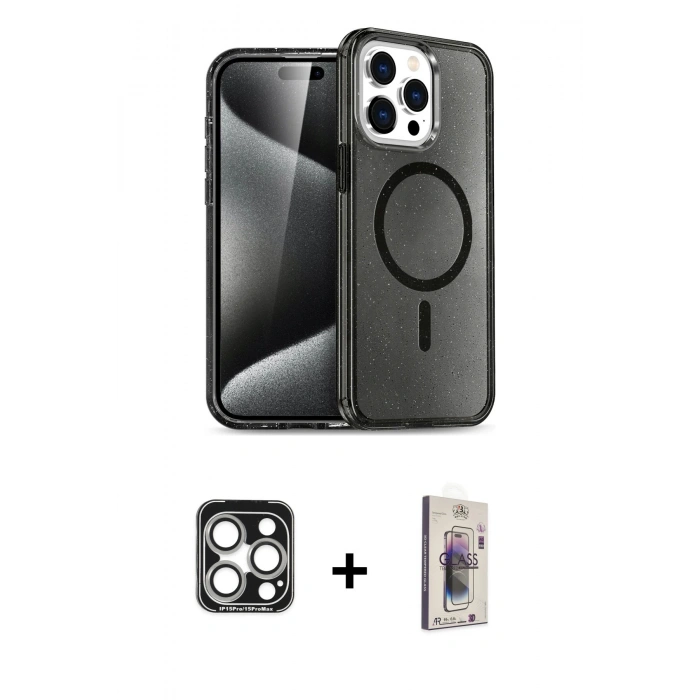 MARSİLYAN™- iPhone 15 Pro Max Kılıf Nova Asil Prime - Siyah Bilvis 3D Cam Ekran Koruyucu + PVD Metal Kamera Lens - GS