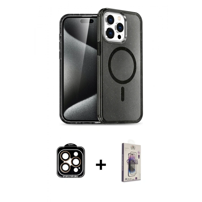 MARSİLYAN™- iPhone 15 Pro Max Kılıf Nova Asil Prime - Siyah Bilvis 3D Cam Ekran Koruyucu + PVD Metal Kamera Lens - TU
