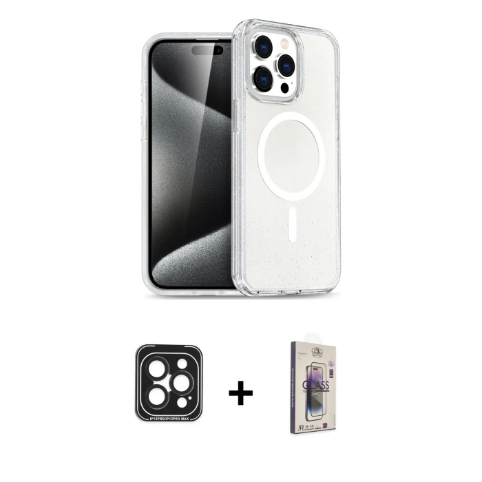 MARSİLYAN™- iPhone 15 Pro Max Kılıf Nova Asil Prime - Siyah Bilvis 3D Cam Ekran Koruyucu + PVD Metal Kamera Lens - SH