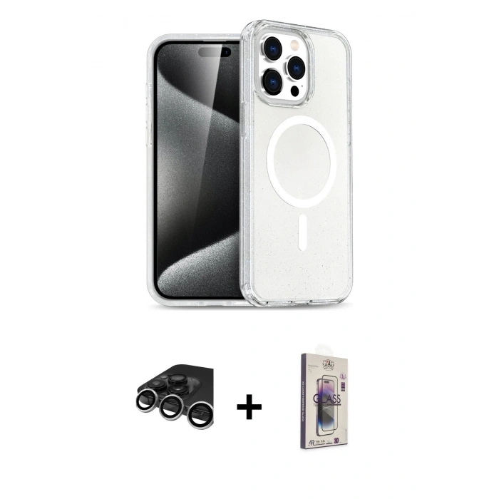 MARSİLYAN™- iPhone 15 Pro Max Kılıf Nova Asil Prime - Siyah Bilvis 3D Cam Ekran Koruyucu + Raze Metal Kamera Lens - GS