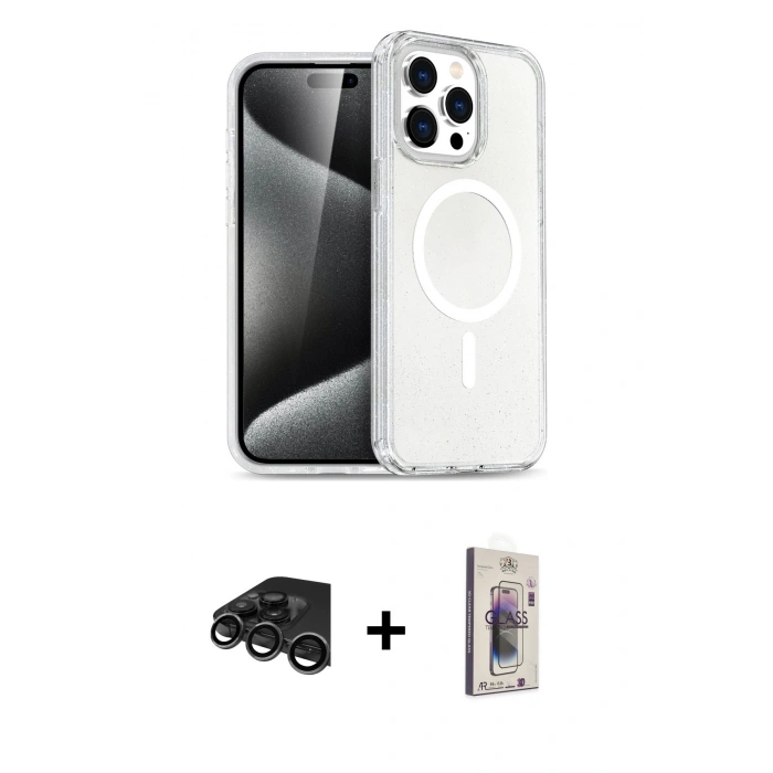 MARSİLYAN™- iPhone 15 Pro Max Kılıf Nova Asil Prime - Siyah Bilvis 3D Cam Ekran Koruyucu + Raze Metal Kamera Lens - TMGI