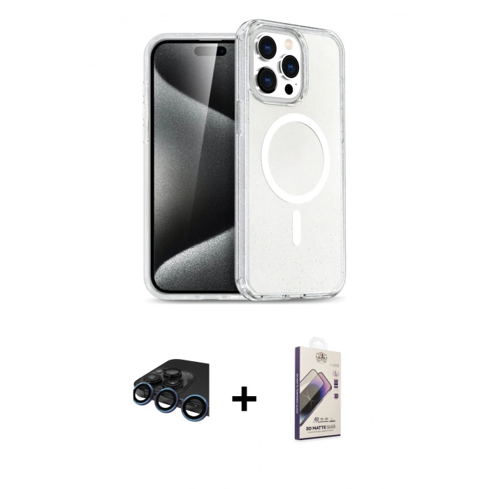 MARSİLYAN™- iPhone 15 Pro Max Kılıf Nova Asil Prime - Siyah Bilvis 3D Mat Cam Ekran Koruyucu + Lacivert Raze Metal Kamera Lens