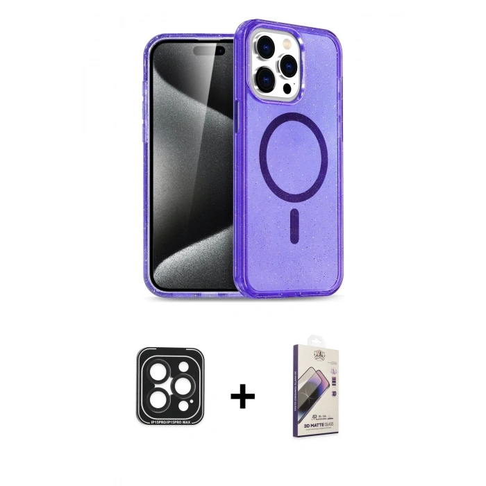 MARSİLYAN™- iPhone 15 Pro Max Kılıf Nova Asil Prime - Siyah Bilvis 3D Mat Cam Ekran Koruyucu + PVD Metal Kamera Lens - SH