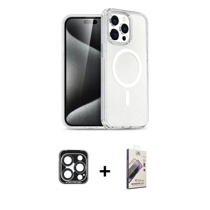 MARSİLYAN™- iPhone 15 Pro Max Kılıf Nova Asil Prime - Siyah Bilvis 3D Mat Cam Ekran Koruyucu + PVD Metal Kamera Lens - LT