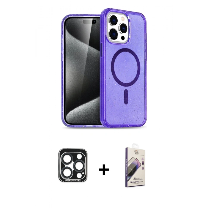MARSİLYAN™- iPhone 15 Pro Max Kılıf Nova Asil Prime - Siyah Bilvis 3D Mat Cam Ekran Koruyucu + PVD Metal Kamera Lens - LT