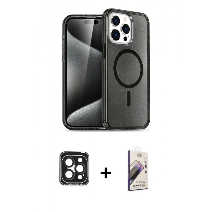 MARSİLYAN™- iPhone 15 Pro Max Kılıf Nova Asil Prime - Siyah Bilvis 3D Mat Cam Ekran Koruyucu + PVD Metal Kamera Lens - SH