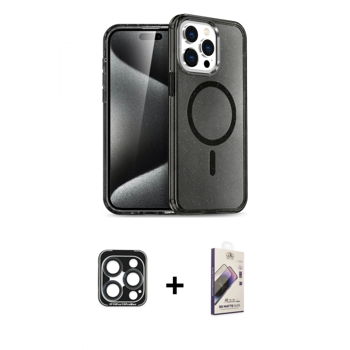 MARSİLYAN™- iPhone 15 Pro Max Kılıf Nova Asil Prime - Siyah Bilvis 3D Mat Cam Ekran Koruyucu + PVD Metal Kamera Lens - LT