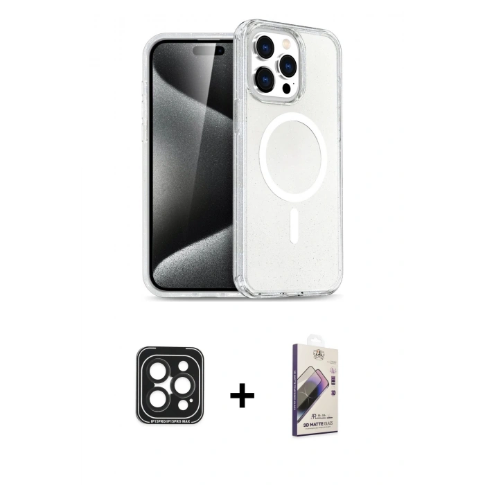 MARSİLYAN™- iPhone 15 Pro Max Kılıf Nova Asil Prime - Siyah Bilvis 3D Mat Cam Ekran Koruyucu + PVD Metal Kamera Lens - SH