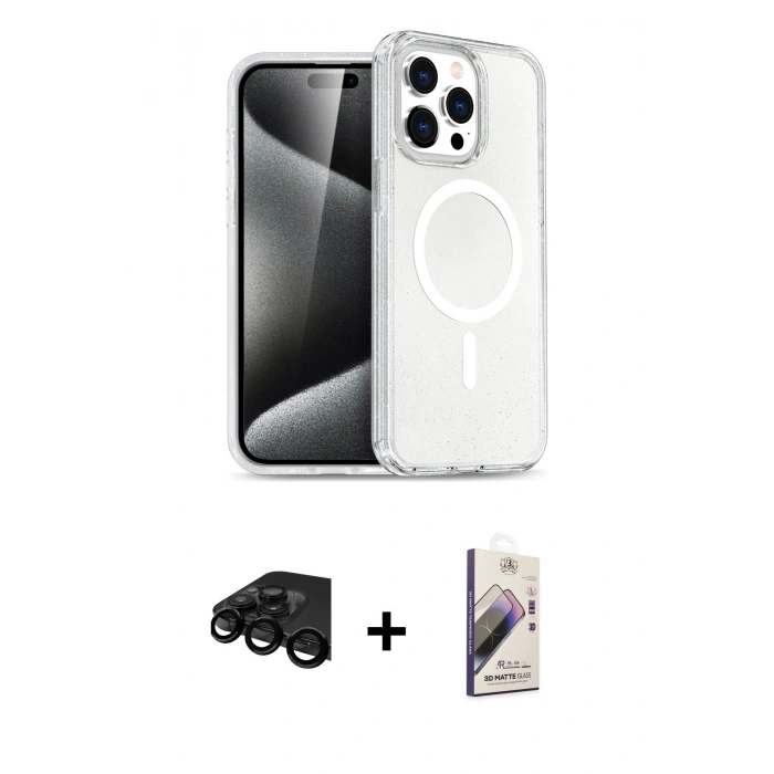 MARSİLYAN™- iPhone 15 Pro Max Kılıf Nova Asil Prime - Siyah Bilvis 3D Mat Cam Ekran Koruyucu + Raze Metal Kamera Lens - SH