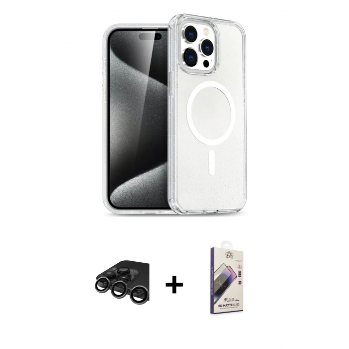 MARSİLYAN™- iPhone 15 Pro Max Kılıf Nova Asil Prime - Siyah Bilvis 3D Mat Cam Ekran Koruyucu + Raze Metal Kamera Lens - TMGI