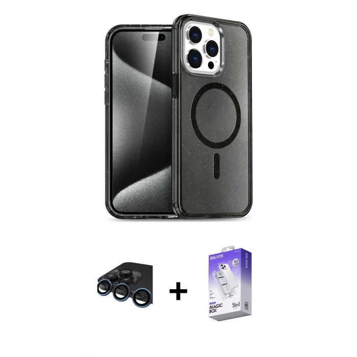 MARSİLYAN™- iPhone 15 Pro Max Kılıf Nova Asil Prime - Siyah Bilvis 5in1 3D Magic Cam Ekran Koruyucu + Raze Metal Kamera Lens - LT