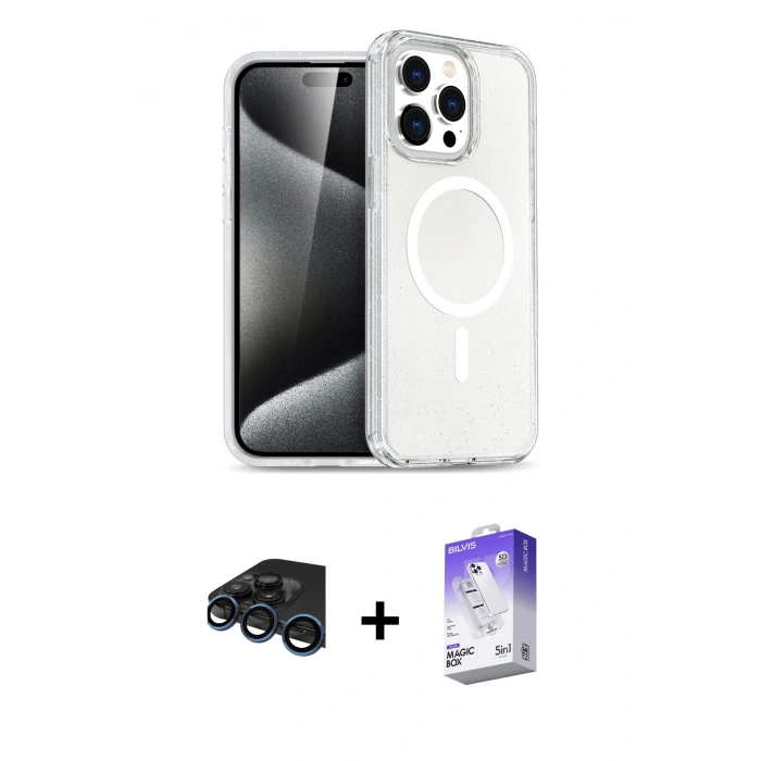 MARSİLYAN™- iPhone 15 Pro Max Kılıf Nova Asil Prime - Siyah Bilvis 5in1 3D Magic Cam Ekran Koruyucu + Raze Metal Kamera Lens - LT