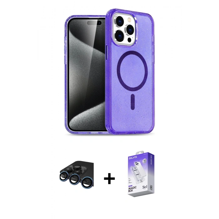 MARSİLYAN™- iPhone 15 Pro Max Kılıf Nova Asil Prime - Siyah Bilvis 5in1 3D Magic Cam Ekran Koruyucu + Raze Metal Kamera Lens - LT