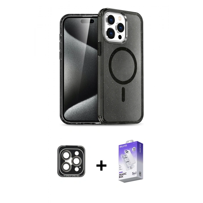 MARSİLYAN™- iPhone 15 Pro Max Kılıf Nova Asil Prime - Siyah Bilvis 5in1 3D Magic Cam Ekran Koruyucu + PVD Metal Kamera Lens - GI