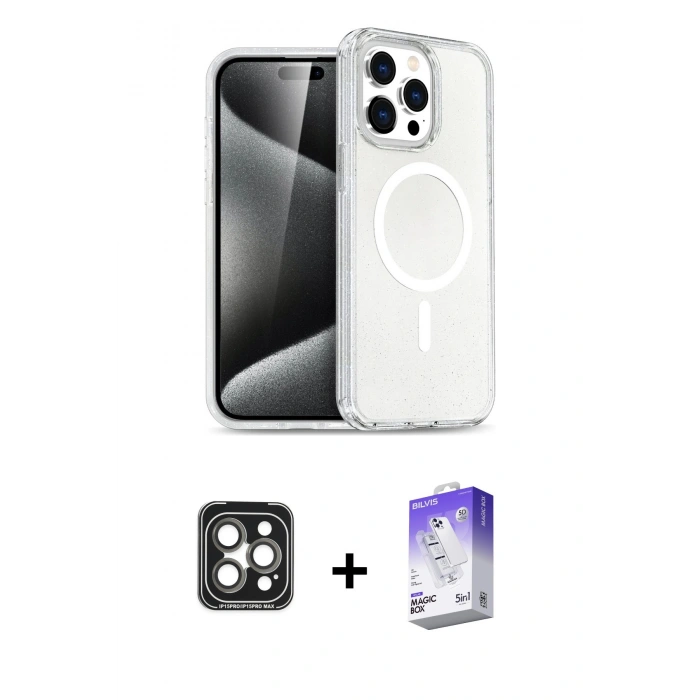 MARSİLYAN™- iPhone 15 Pro Max Kılıf Nova Asil Prime - Siyah Bilvis 5in1 3D Magic Cam Ekran Koruyucu + PVD Metal Kamera Lens - GI