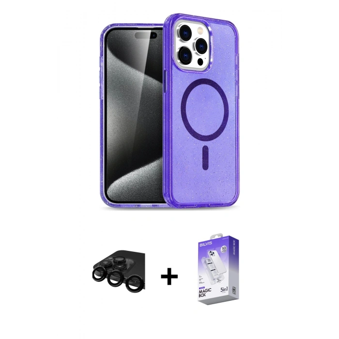 MARSİLYAN™- iPhone 15 Pro Max Kılıf Nova Asil Prime - Siyah Bilvis 5in1 3D Magic Cam Ekran Koruyucu + Raze Metal Kamera Lens - SH