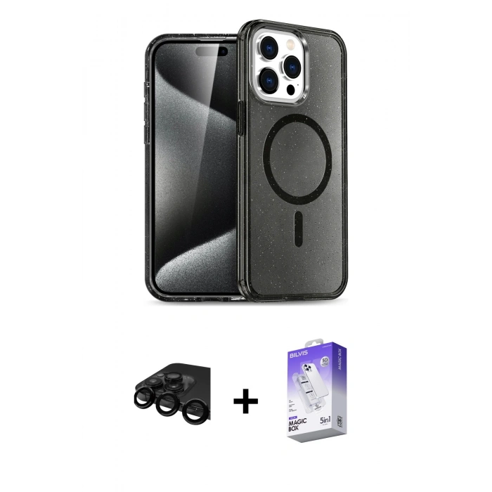 MARSİLYAN™- iPhone 15 Pro Max Kılıf Nova Asil Prime - Siyah Bilvis 5in1 3D Magic Cam Ekran Koruyucu + Raze Metal Kamera Lens - SH