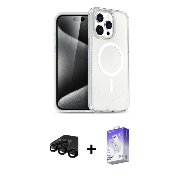 MARSİLYAN™- iPhone 15 Pro Max Kılıf Nova Asil Prime - Siyah Bilvis 5in1 3D Magic Cam Ekran Koruyucu + Raze Metal Kamera Lens - SH