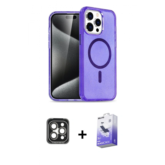 MARSİLYAN™- iPhone 15 Pro Max Kılıf Nova Asil Prime - Siyah Bilvis 5in1 5D Magic Hayalet Cam Ekran Koruyucu + PVD Metal Kamera Lens - GI