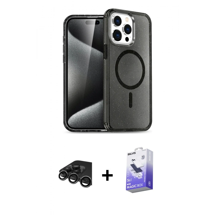 MARSİLYAN™- iPhone 15 Pro Max Kılıf Nova Asil Prime - Siyah Bilvis 5in1 5D Magic Hayalet Cam Ekran Koruyucu + Raze Metal Kamera Lens - TMGI