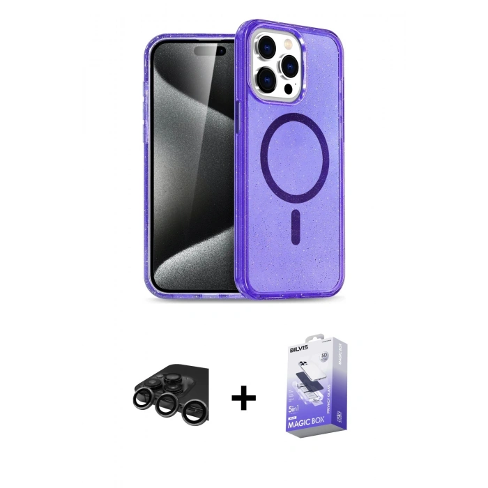 MARSİLYAN™- iPhone 15 Pro Max Kılıf Nova Asil Prime - Siyah Bilvis 5in1 5D Magic Hayalet Cam Ekran Koruyucu + Raze Metal Kamera Lens - TMGI