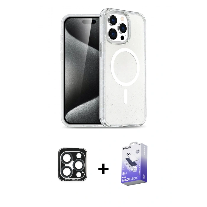 MARSİLYAN™- iPhone 15 Pro Max Kılıf Nova Asil Prime - Siyah Bilvis 5in1 5D Magic Hayalet Cam Ekran Koruyucu + PVD Metal Kamera Lens - LT