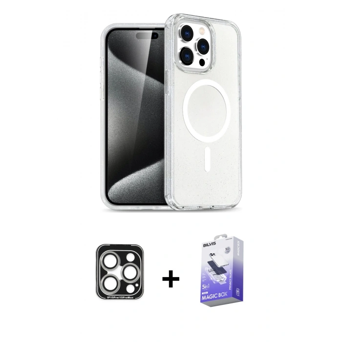 MARSİLYAN™- iPhone 15 Pro Max Kılıf Nova Asil Prime - Siyah Bilvis 5in1 5D Magic Hayalet Cam Ekran Koruyucu + PVD Metal Kamera Lens - GS