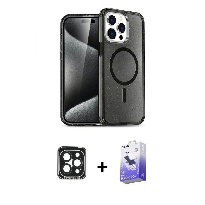 MARSİLYAN™- iPhone 15 Pro Max Kılıf Nova Asil Prime - Siyah Bilvis 5in1 5D Magic Hayalet Cam Ekran Koruyucu + PVD Metal Kamera Lens - SH