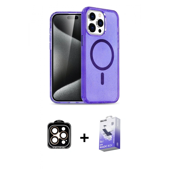 MARSİLYAN™- iPhone 15 Pro Max Kılıf Nova Asil Prime - Siyah Bilvis 5in1 5D Magic Hayalet Cam Ekran Koruyucu + PVD Metal Kamera Lens - TU