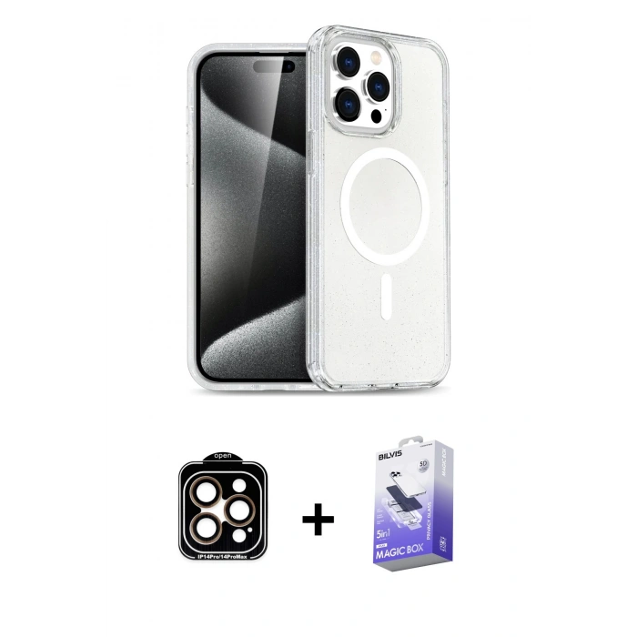 MARSİLYAN™- iPhone 15 Pro Max Kılıf Nova Asil Prime - Siyah Bilvis 5in1 5D Magic Hayalet Cam Ekran Koruyucu + PVD Metal Kamera Lens - TU
