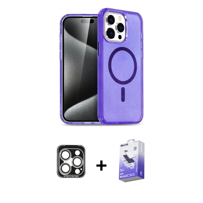 MARSİLYAN™- iPhone 15 Pro Max Kılıf Nova Asil Prime - Siyah Bilvis 5in1 5D Magic Hayalet Cam Ekran Koruyucu + PVD Metal Kamera Lens - GS