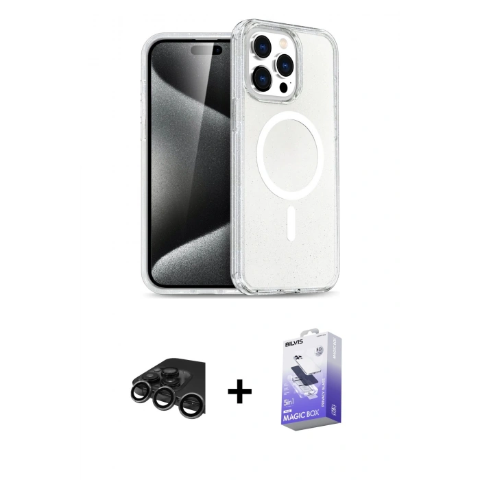 MARSİLYAN™- iPhone 15 Pro Max Kılıf Nova Asil Prime - Siyah Bilvis 5in1 5D Magic Hayalet Cam Ekran Koruyucu + Raze Metal Kamera Lens - TMGI