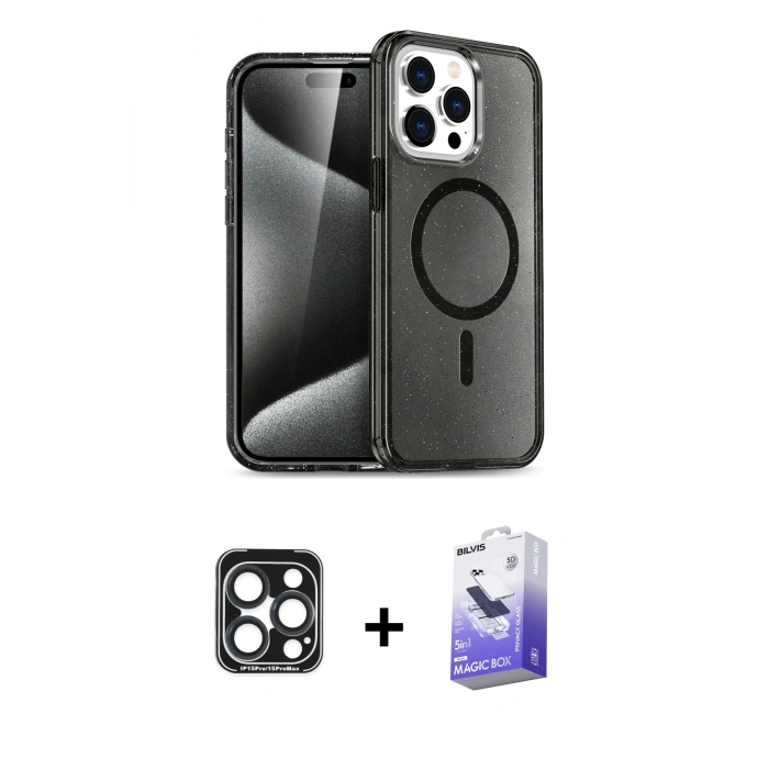 MARSİLYAN™- iPhone 15 Pro Max Kılıf Nova Asil Prime - Siyah Bilvis 5in1 5D Magic Hayalet Cam Ekran Koruyucu + PVD Metal Kamera Lens - LT