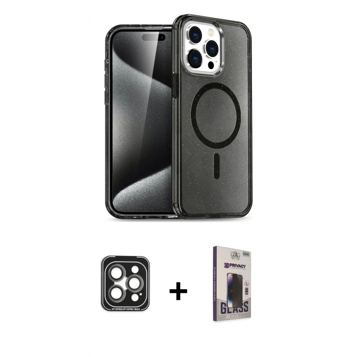 MARSİLYAN™- iPhone 15 Pro Max Kılıf Nova Asil Prime - Siyah Bilvis Hayalet Cam Ekran Koruyucu + PVD Metal Kamera Lens - GI